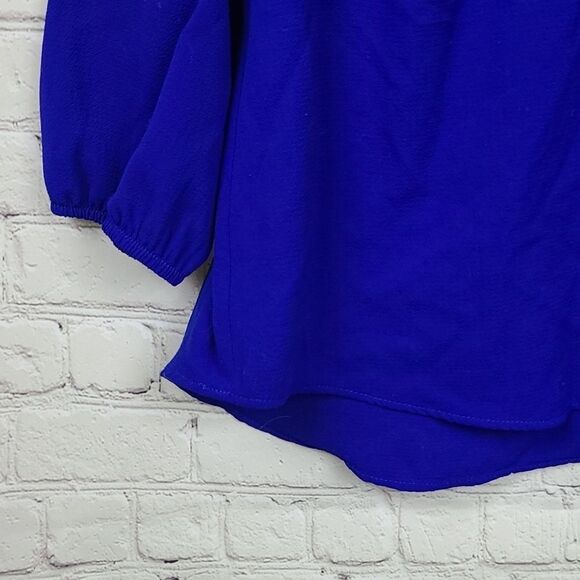 Moa Moa Cobalt Blue Crystal Gold Chain Neck Crepe Blouse Dressy Career Top Suit - Picture 4 of 9
